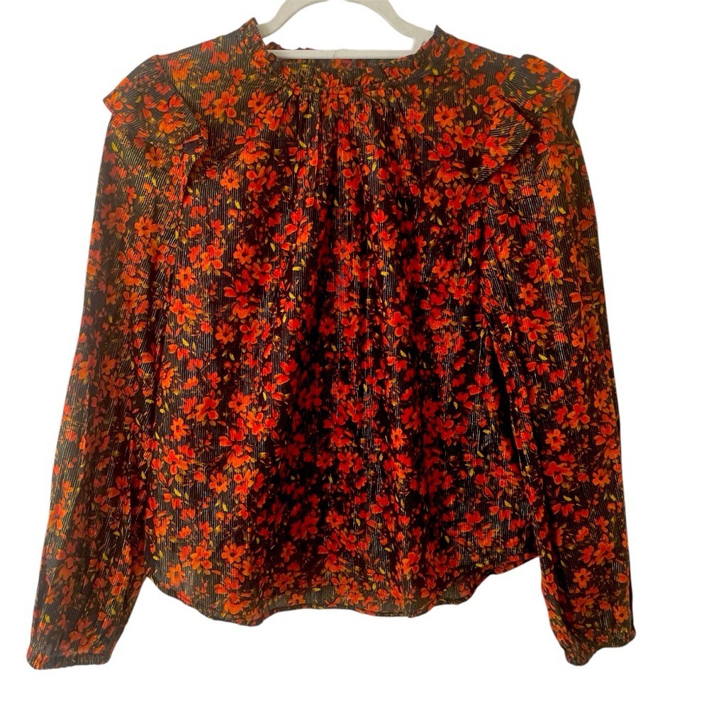 Gap Blouse Womens Medium Dark Floral Metallic Ruffle Neck Whimsigoth - Picture 1 of 12